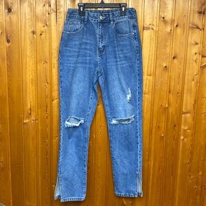 Shein High Waisted Distressed Open Sides Bottoms Washed Blue Women's Jeans 29 !